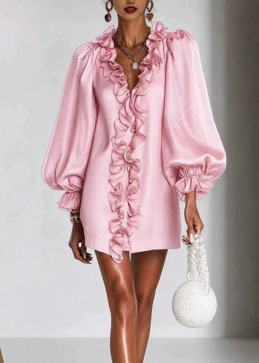 Pink Vacation Dress V Neck Ruffled Puff Sleeve