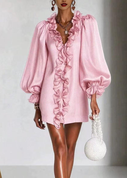 Pink Vacation Dress V Neck Ruffled Puff Sleeve
