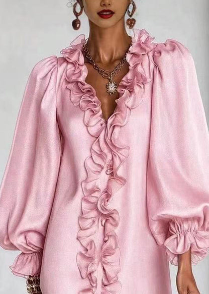 Pink Vacation Dress V Neck Ruffled Puff Sleeve