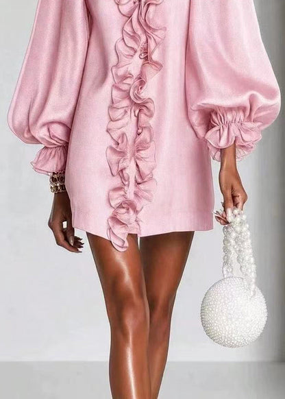 Pink Vacation Dress V Neck Ruffled Puff Sleeve