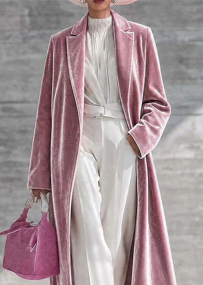Pink Velour Below-Knee Long Coat Notched Winter
