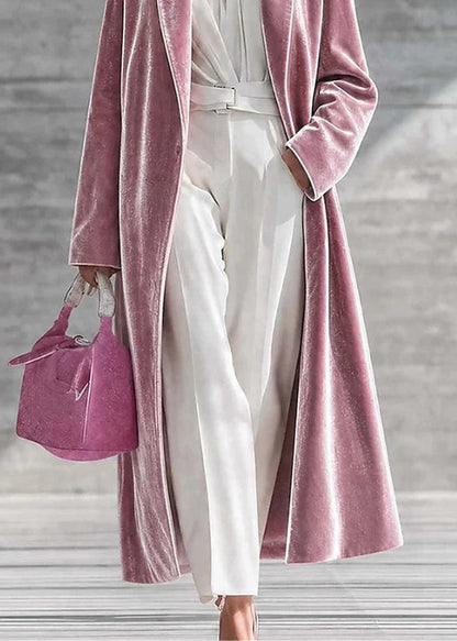 Pink Velour Below-Knee Long Coat Notched Winter