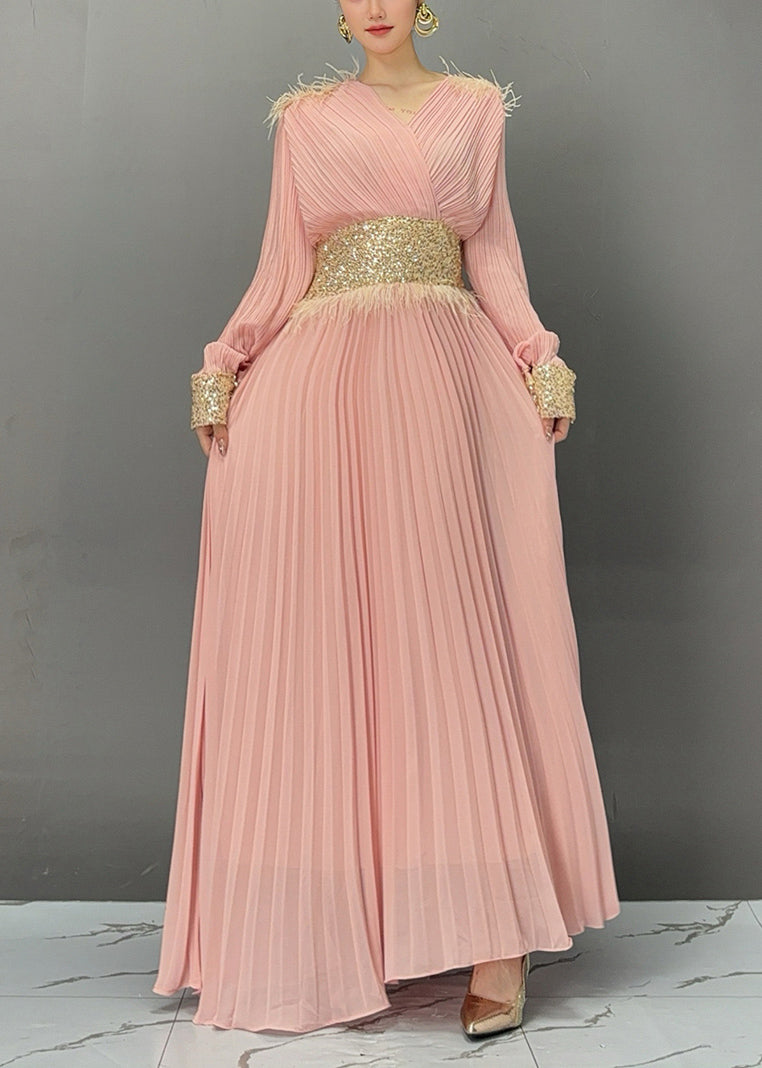 Pink Wrinkled Tunic Solid Holiday Maxi Dress Fall