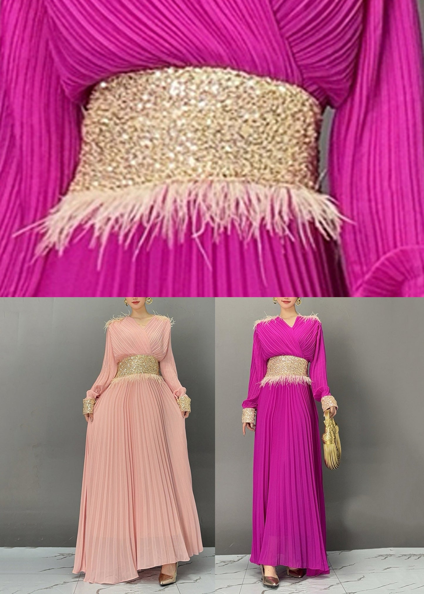 Pink Wrinkled Tunic Solid Holiday Maxi Dress Fall