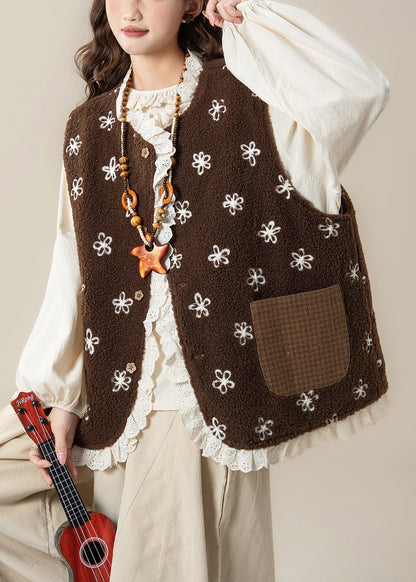 Plaid Coffee Lace Patchwork Wear On Both Sides Teddy Faux Fur Waistcoat Sleeveless