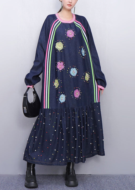 Playful Blue Flower Adorned Denim Long Dress Fall