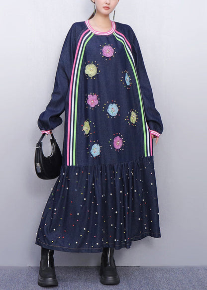 Playful Blue Flower Adorned Denim Long Dress Fall