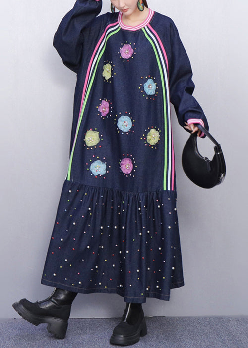 Playful Blue Flower Adorned Denim Long Dress Fall