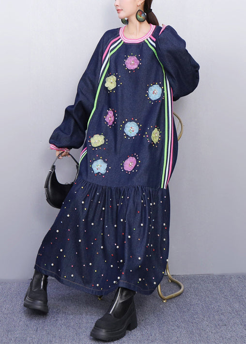 Playful Blue Flower Adorned Denim Long Dress Fall