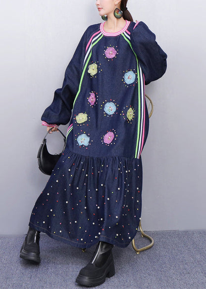 Playful Blue Flower Adorned Denim Long Dress Fall