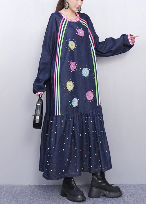 Playful Blue Flower Adorned Denim Long Dress Fall