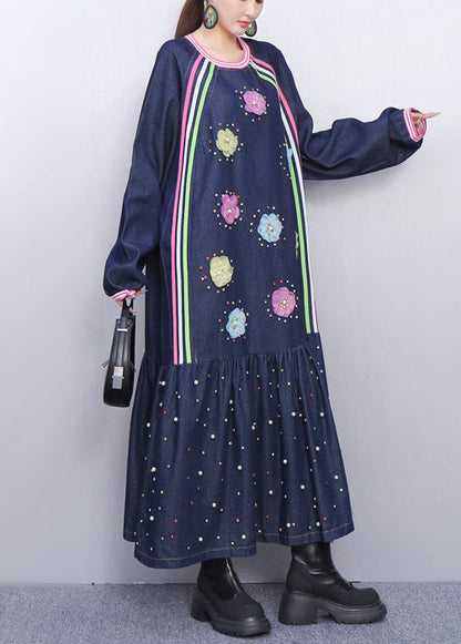 Playful Blue Flower Adorned Denim Long Dress Fall