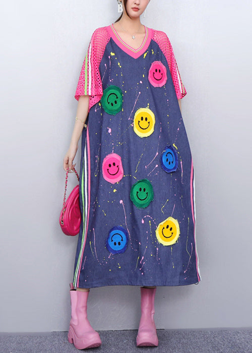 Playful Pink Smiley Hollow Out Patchwork Denim Long Dress Summer
