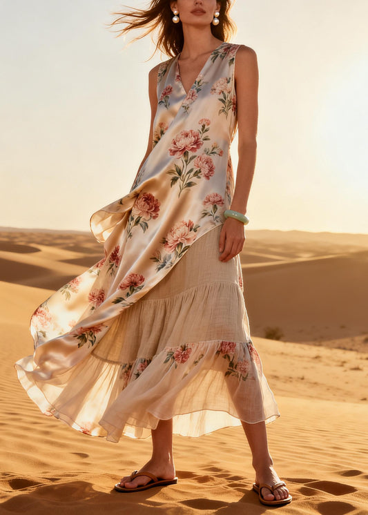 Plus Size Apricot Asymmetrical Patchwork Print Silk Long Dress Summer