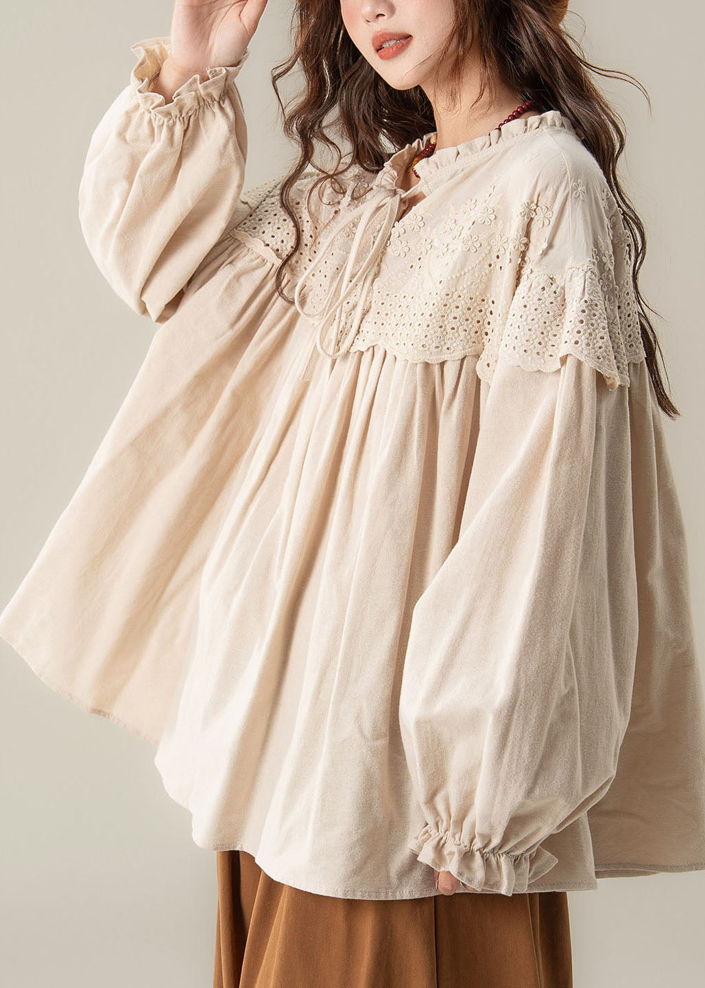 Plus Size Apricot O-Neck Patchwork Shirt Lantern Sleeve