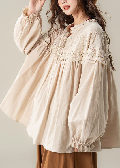 Plus Size Apricot O-Neck Patchwork Shirt Lantern Sleeve