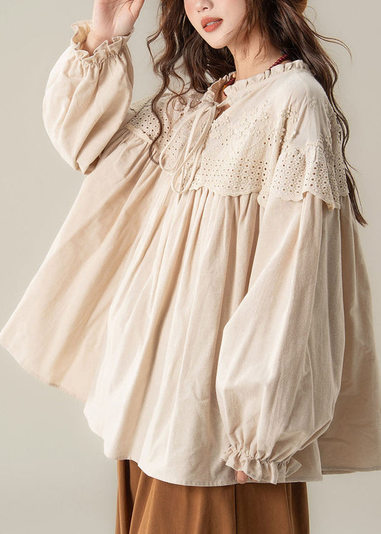 Plus Size Apricot O-Neck Patchwork Shirt Lantern Sleeve