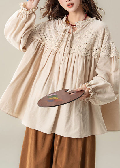Plus Size Apricot O-Neck Patchwork Shirt Lantern Sleeve