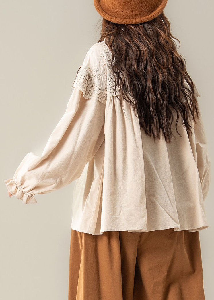 Plus Size Apricot O-Neck Patchwork Shirt Lantern Sleeve