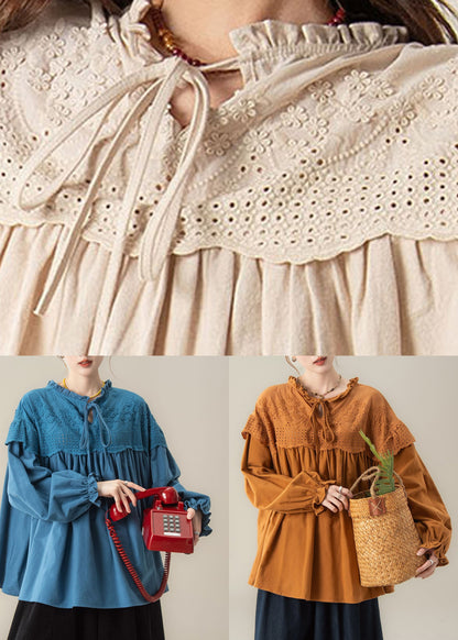 Plus Size Apricot O-Neck Patchwork Shirt Lantern Sleeve