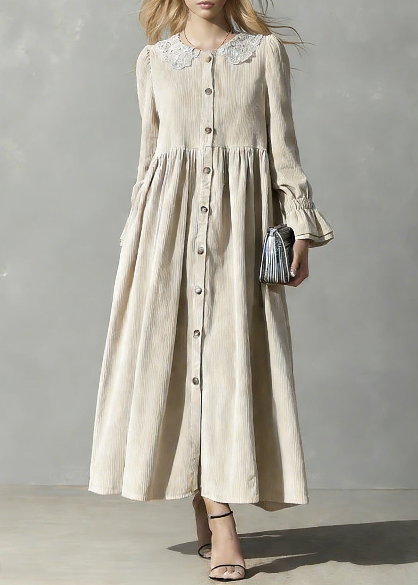 Plus Size Apricot Peter Pan Collar Button Corduroy Blouses Dresses Spring
