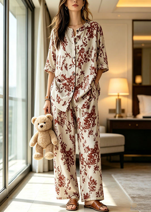 Plus Size Apricot Stand Collar Pajamas Two Pieces Set Summer