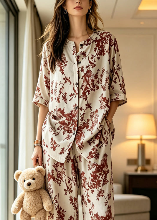 Plus Size Apricot Stand Collar Pajamas Two Pieces Set Summer