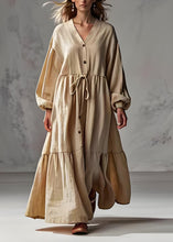 Load image into Gallery viewer, Plus Size Apricot V Neck Wrinkled Patchwork Cotton Long Dress Lantern Sleeve