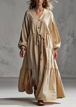 Load image into Gallery viewer, Plus Size Apricot V Neck Wrinkled Patchwork Cotton Long Dress Lantern Sleeve