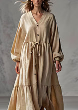 Load image into Gallery viewer, Plus Size Apricot V Neck Wrinkled Patchwork Cotton Long Dress Lantern Sleeve