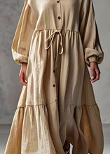 Load image into Gallery viewer, Plus Size Apricot V Neck Wrinkled Patchwork Cotton Long Dress Lantern Sleeve