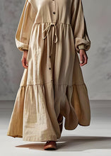 Load image into Gallery viewer, Plus Size Apricot V Neck Wrinkled Patchwork Cotton Long Dress Lantern Sleeve