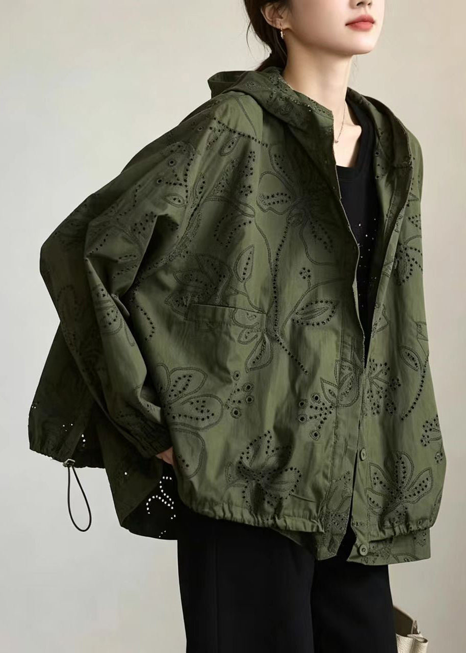 Plus Size Army Green Hooded Hollow Out Drawstring Cotton Trench Fall