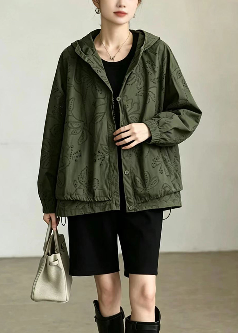Plus Size Army Green Hooded Hollow Out Drawstring Cotton Trench Fall