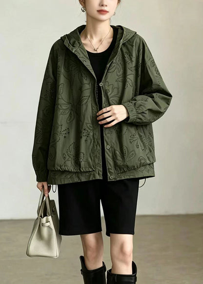 Plus Size Army Green Hooded Hollow Out Drawstring Cotton Trench Fall