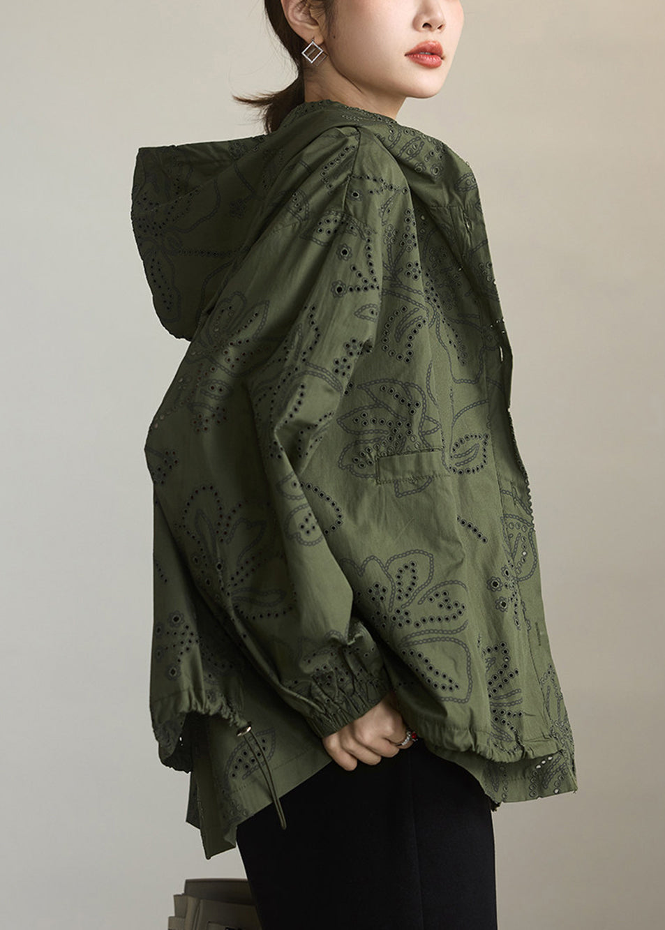 Plus Size Army Green Hooded Hollow Out Drawstring Cotton Trench Fall