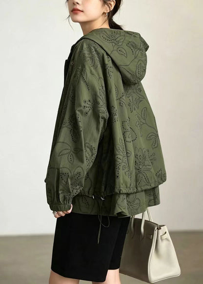 Plus Size Army Green Hooded Hollow Out Drawstring Cotton Trench Fall