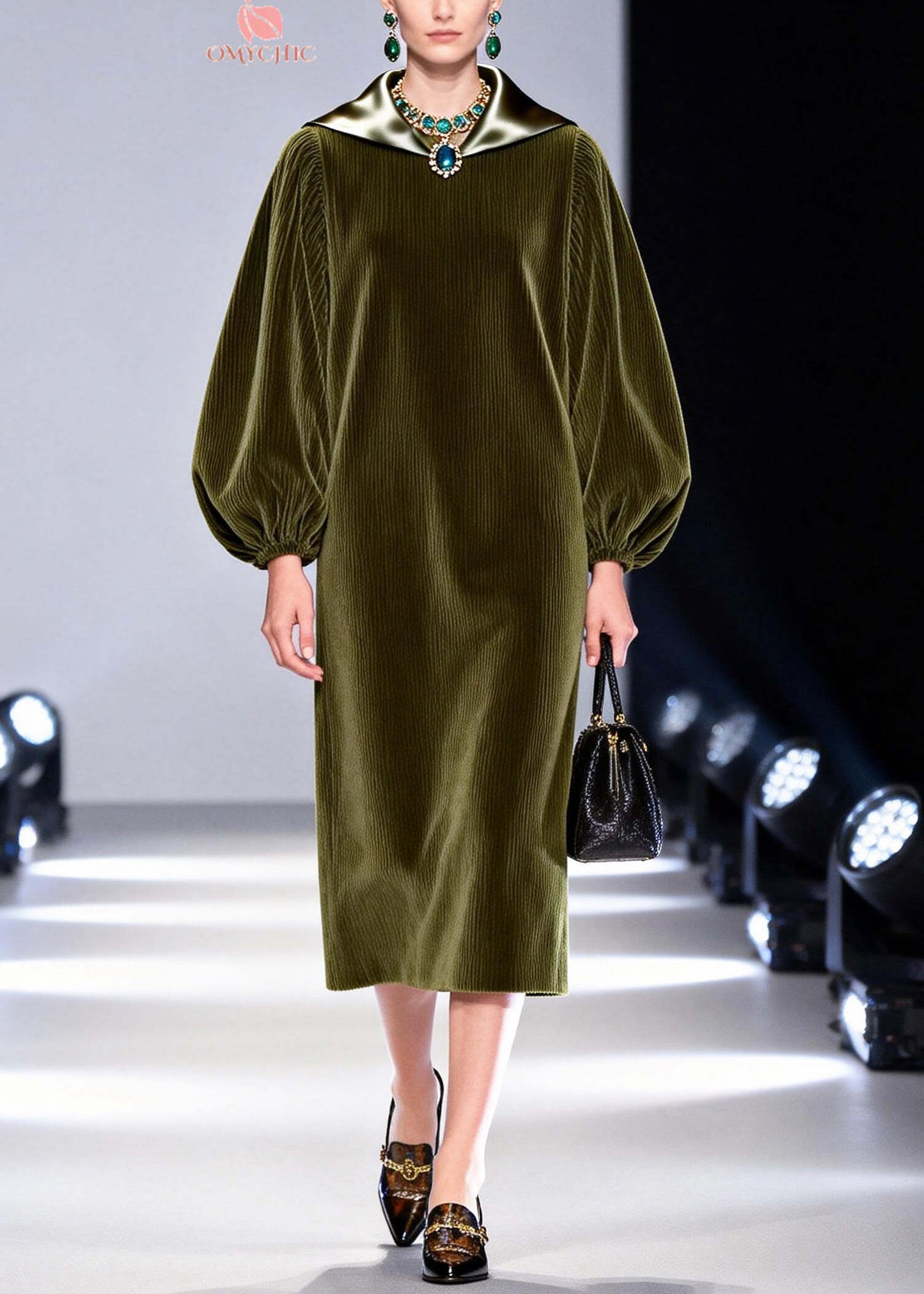 Plus Size Army Green Oversized Patchwork Corduroy Dress Fall