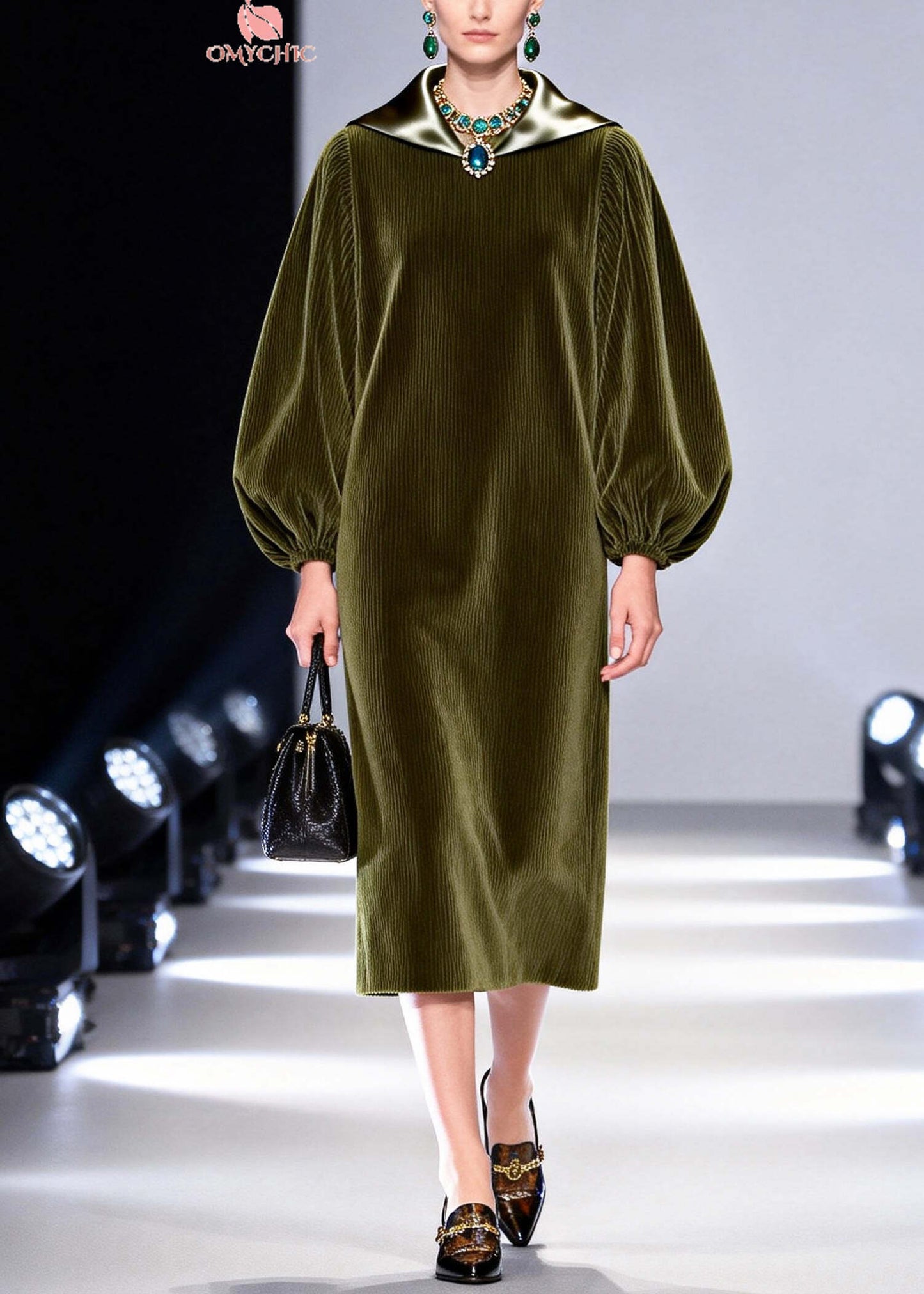 Plus Size Army Green Oversized Patchwork Corduroy Dress Fall
