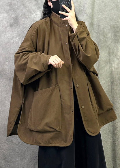 Plus Size Army Green Stand Collar Pockets Patchwork Cotton Jacket Fall