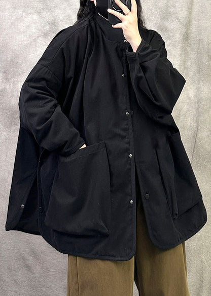 Plus Size Army Green Stand Collar Pockets Patchwork Cotton Jacket Fall