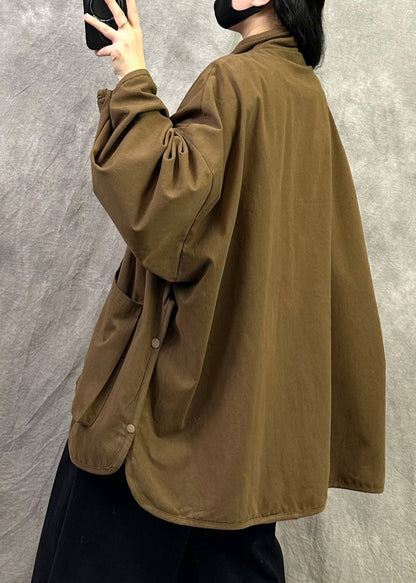 Plus Size Army Green Stand Collar Pockets Patchwork Cotton Jacket Fall