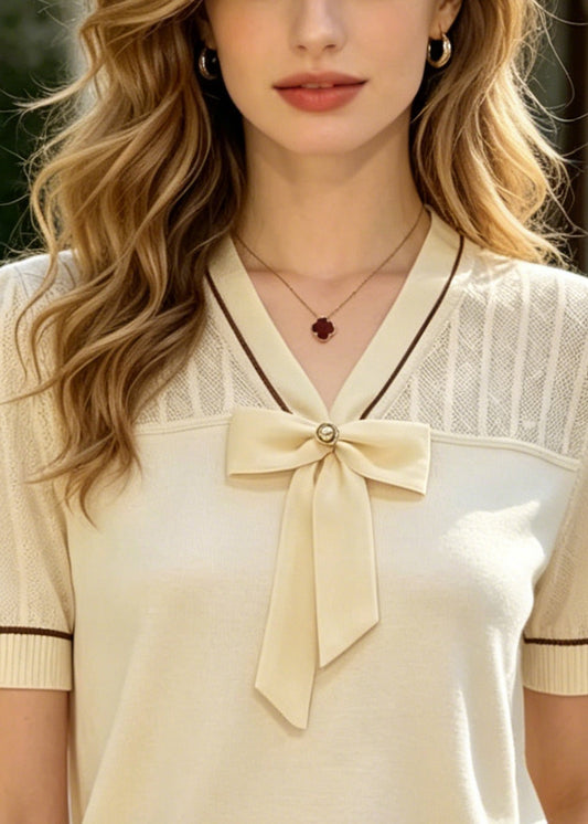 Plus Size Beige Bow Patchwork Knit Shirt Summer