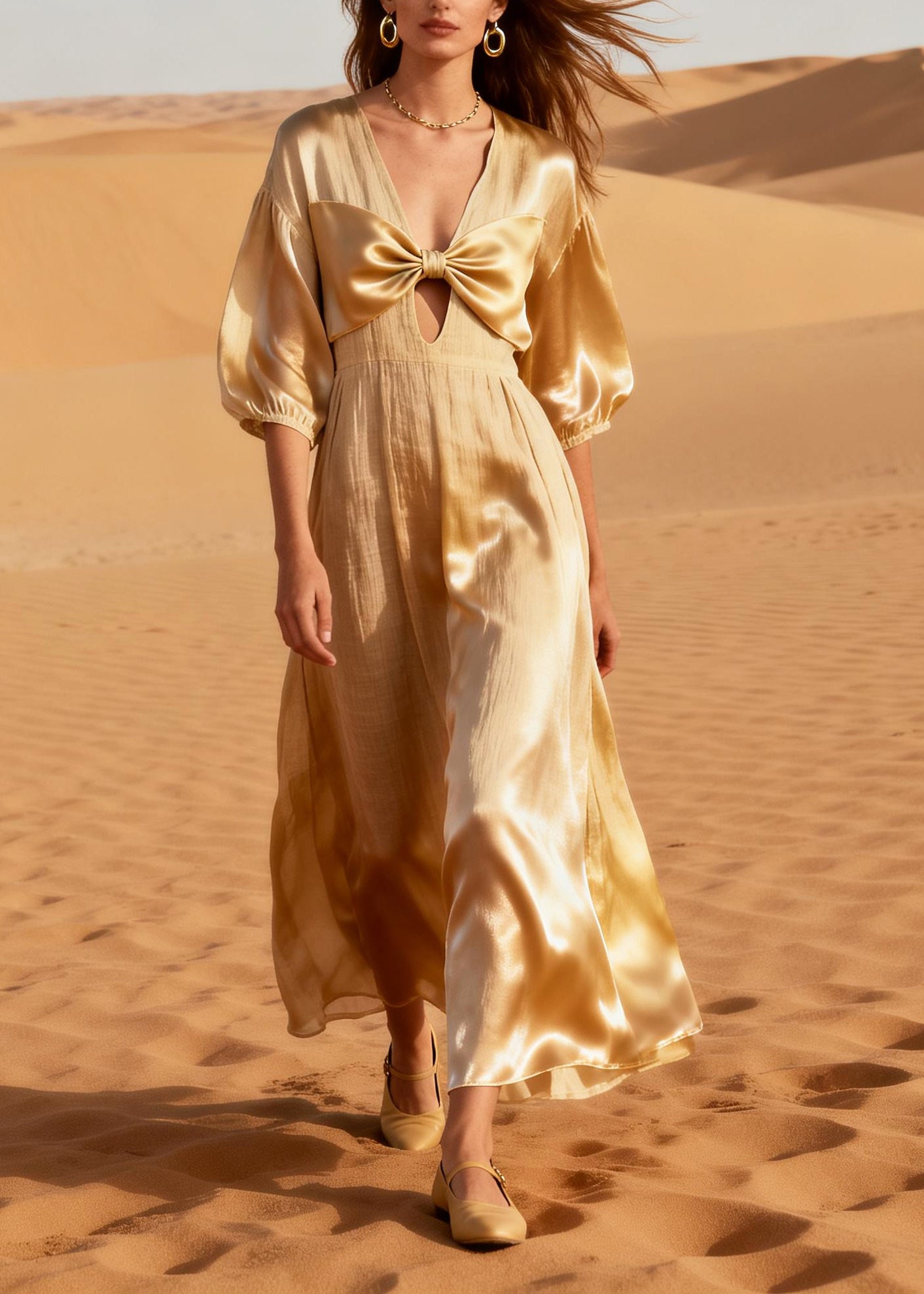 Plus Size Beige Deep-V Neck Bow Linen Silk Long Dress Summer