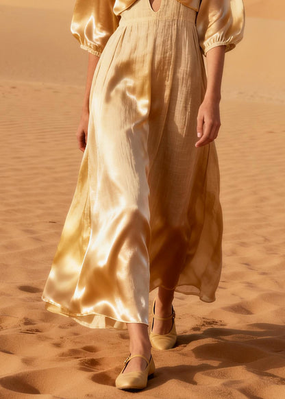 Plus Size Beige Deep-V Neck Bow Linen Silk Long Dress Summer
