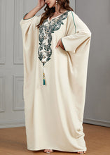 Load image into Gallery viewer, Plus Size Beige Embroidered Tasseled Cotton Dresses Batwing Sleeve