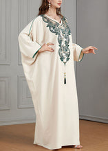 Load image into Gallery viewer, Plus Size Beige Embroidered Tasseled Cotton Dresses Batwing Sleeve