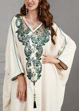Load image into Gallery viewer, Plus Size Beige Embroidered Tasseled Cotton Dresses Batwing Sleeve