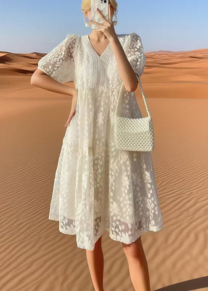 Plus Size Beige Embroidered Tulle Holiday Dress Summer