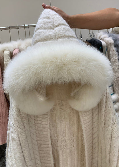 Plus Size Beige Hooded Pockets Patchwork Knit Cardigan Winter